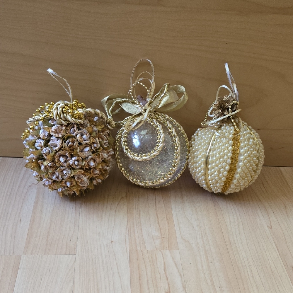 Set Of 3 Gold & Cream Holiday Handmade Ornaments Christmas Decoration